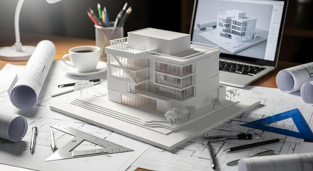 modern-house-architectural-model-blueprint-and-laptop-design-concept-photo